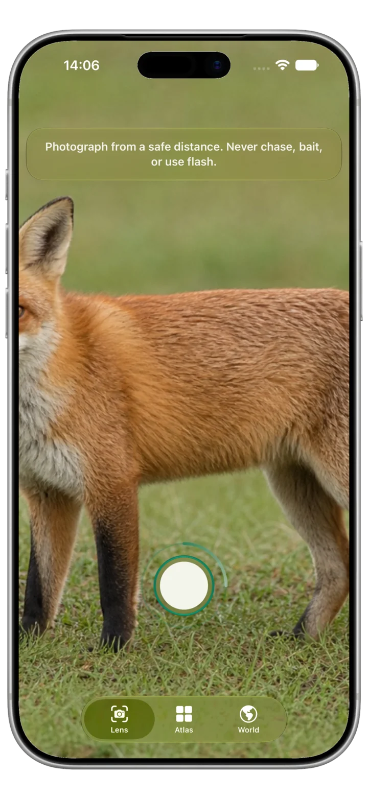 AnimAtlas Lens photographing a red fox from a safe distance.