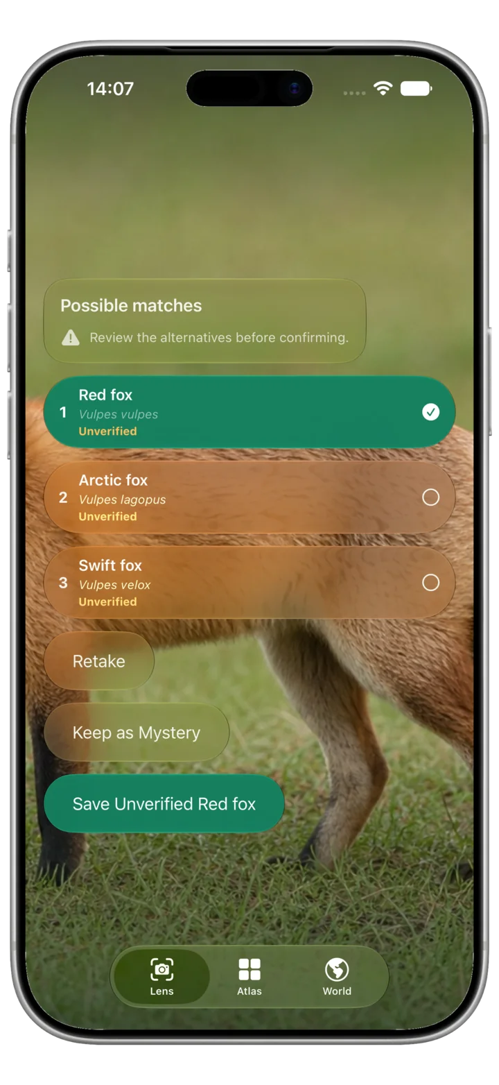 AnimAtlas showing possible red fox identifications with confidence cues.