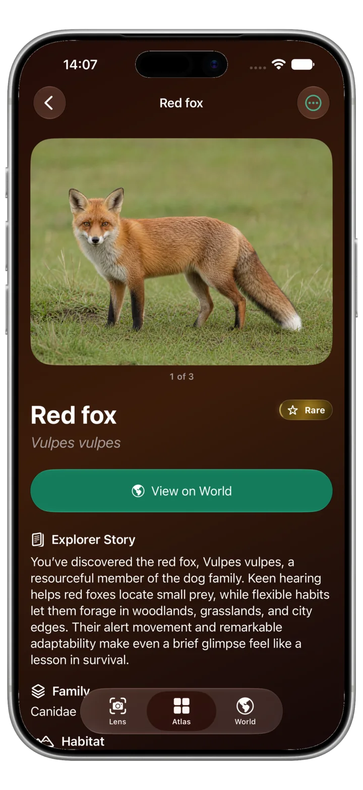 A red fox living card with photos, species details, story, and habitat.